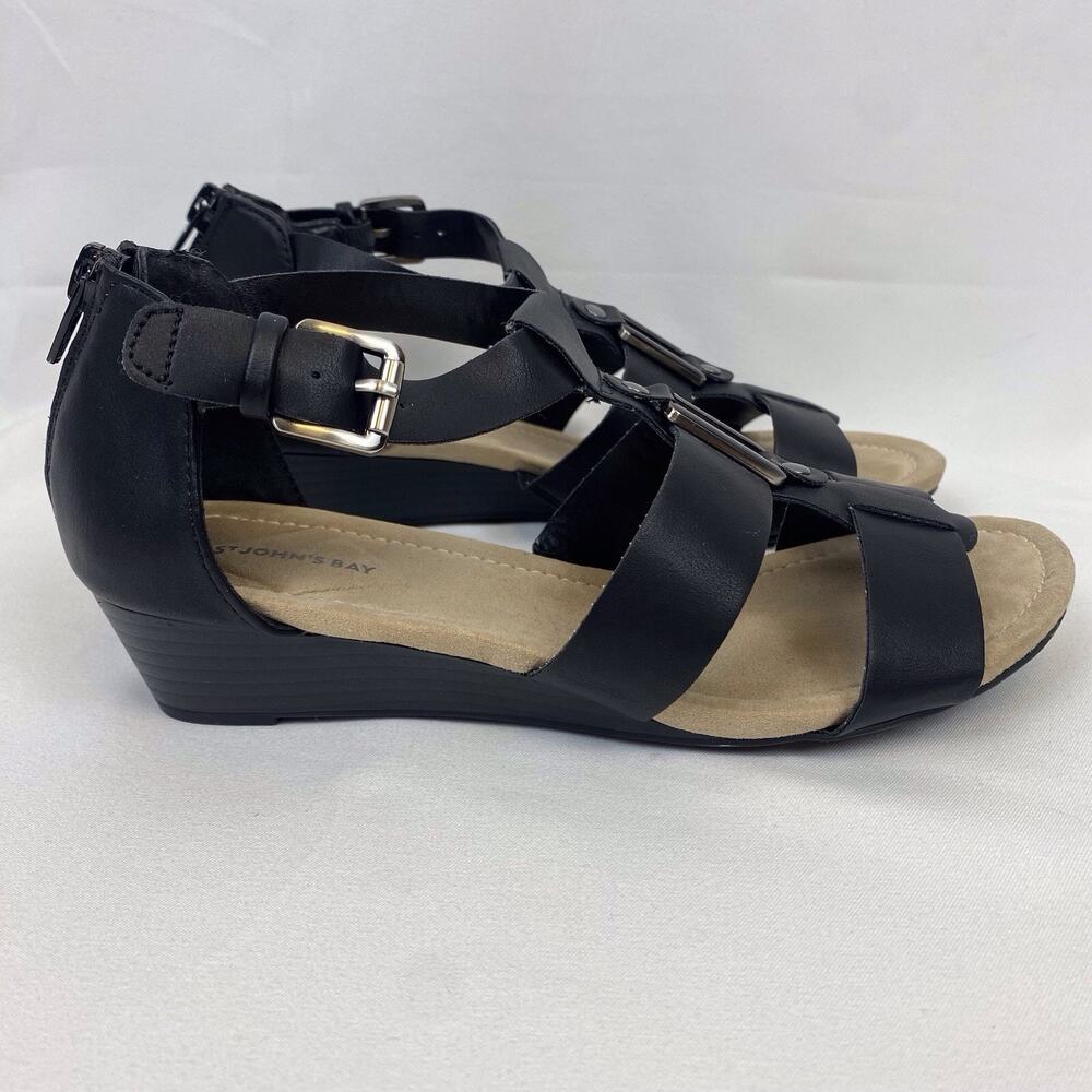 St. John’s Bay Women’s Black Leather Strappy Wedge Sandals Buckle Size 6.5